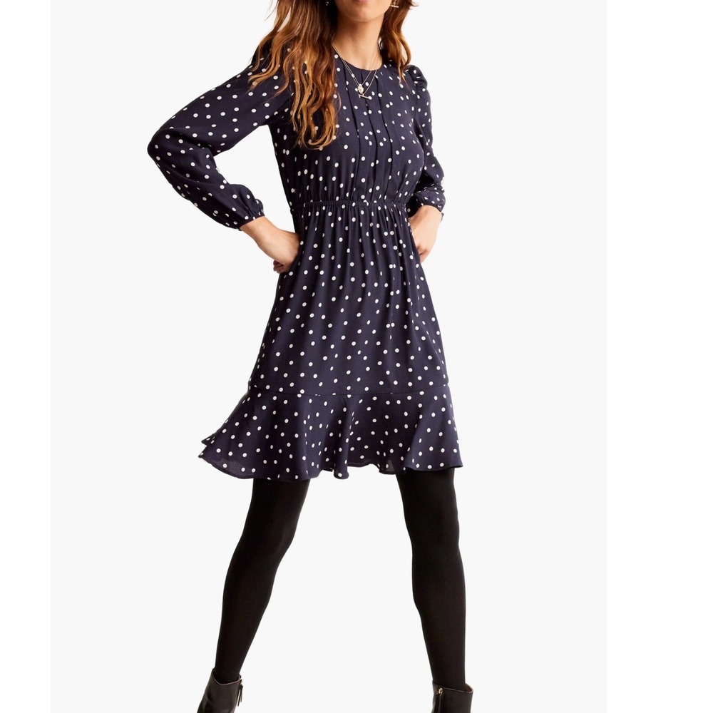 Boden Navy White Polka Dot Pleated Bodice Long Sleeve Mini Dress US 10R D0736